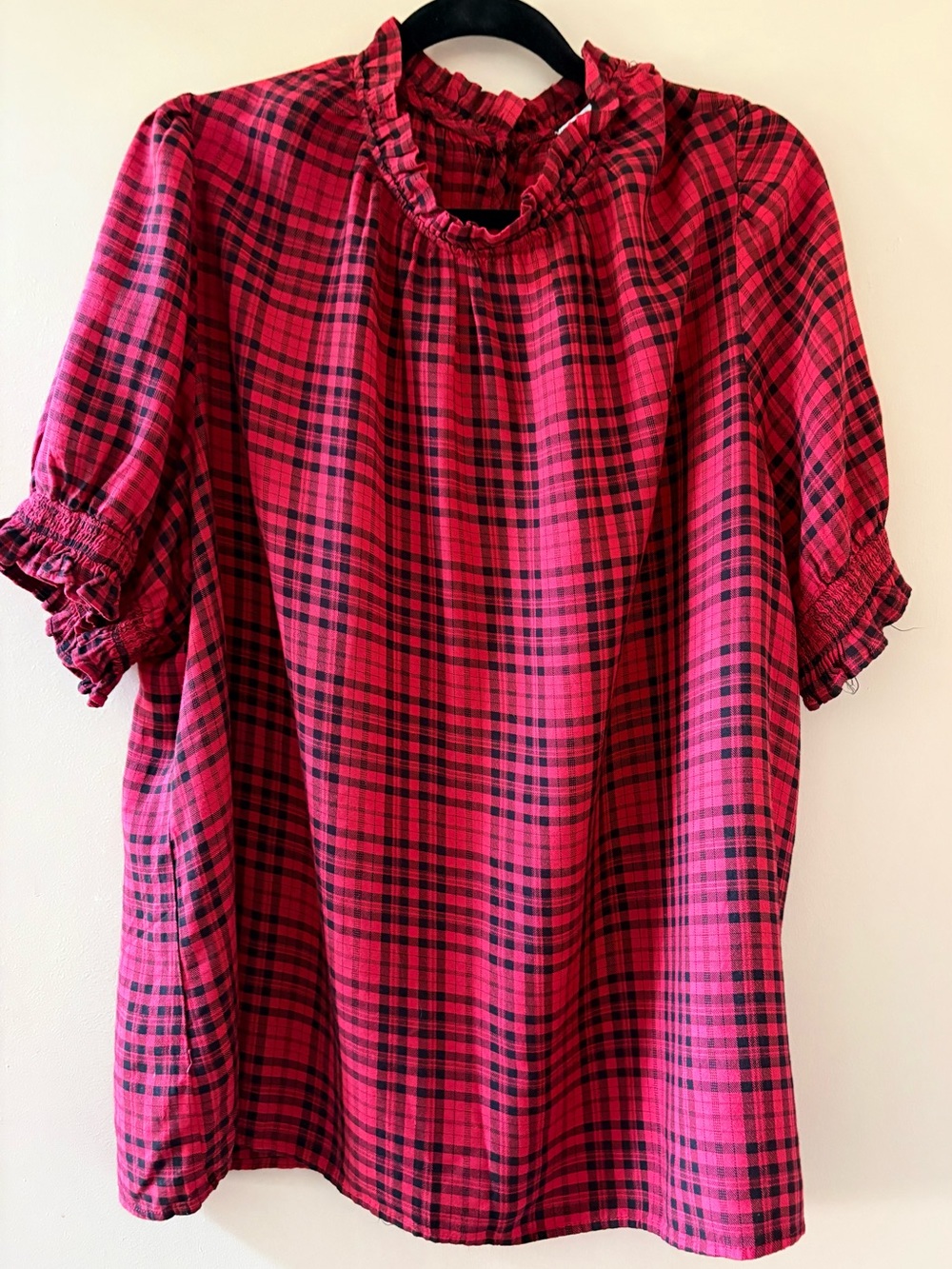 Amazon Essentials Red & Black Plaid Ruffle Neck Blouse